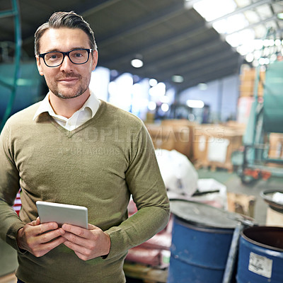Buy stock photo Man, tablet and product manufacturing with warehouse, industry and portrait for storage. Industrial inspector, factory and logistics for freight, commercial distribution and equipment supplier career