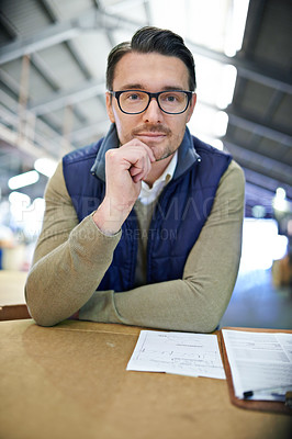 Buy stock photo Portrait, supervisor and businessman in logistics with paperwork at factory for machines and supply chain. Mature man, warehouse and clipboard on table in manufacturing and distribution business