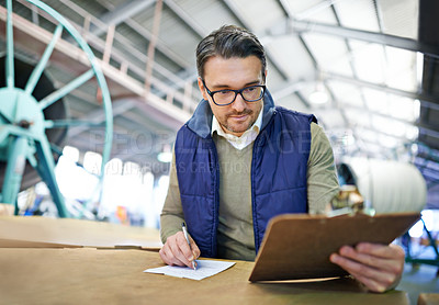 Buy stock photo Checklist, shipment and business man with clipboard, for delivery, shipping logistics or stock inspection in warehouse. Distribution, ecommerce and worker for freight, supply chain or quality control