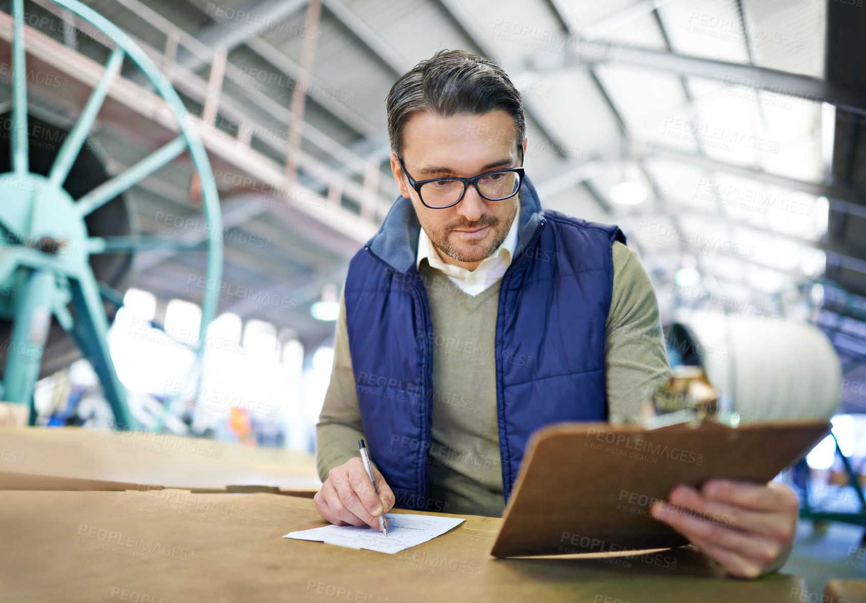 Buy stock photo Checklist, shipment and business man with clipboard, for delivery, shipping logistics or stock inspection in warehouse. Distribution, ecommerce and worker for freight, supply chain or quality control