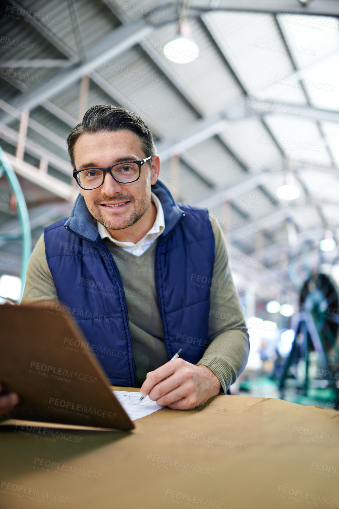 Buy stock photo Checklist, package and portrait of man with clipboard for inventory management, logistics or inspection in warehouse. Distribution, ecommerce and worker for cargo, supply chain or quality control