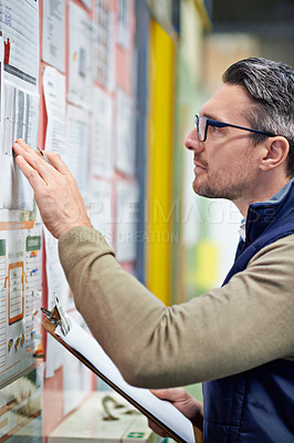 Buy stock photo Warehouse, employee and man with clipboard, board and industry of shipping and manufacturing. Checklist, staff and male person with inventory for goods or stock in factory, job and logistics
