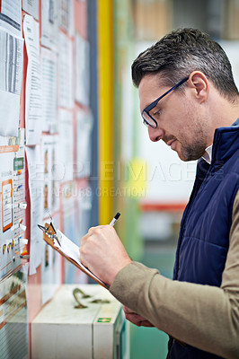 Buy stock photo Warehouse, employee and man with clipboard, inspection and industry of shipping and manufacturing. Checklist, staff and male person with inventory for goods or stock in factory, job and freight