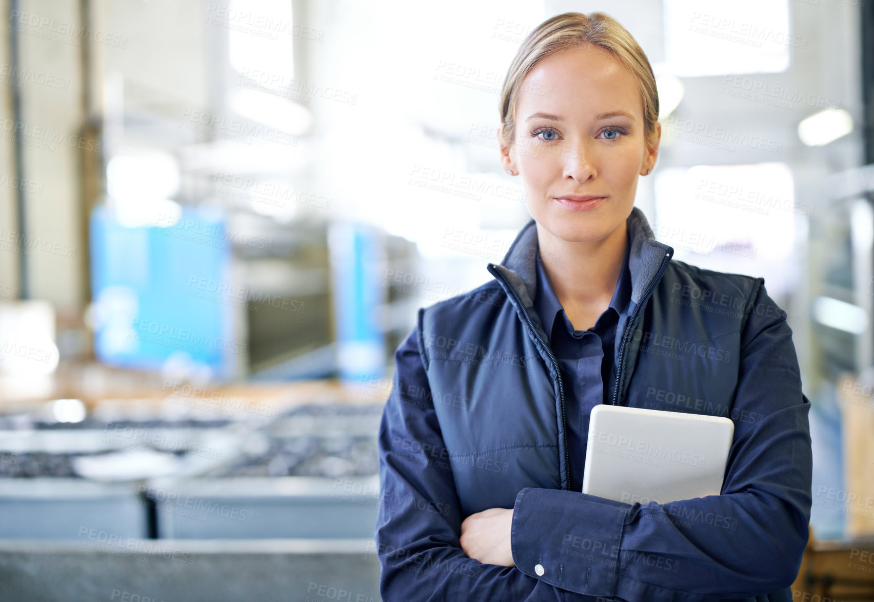 Buy stock photo Warehouse, machine and portrait of woman with tablet for manufacturing, supply chain and production. Female person, confidence and arms crossed with technology for inventory, storage or ecommerce