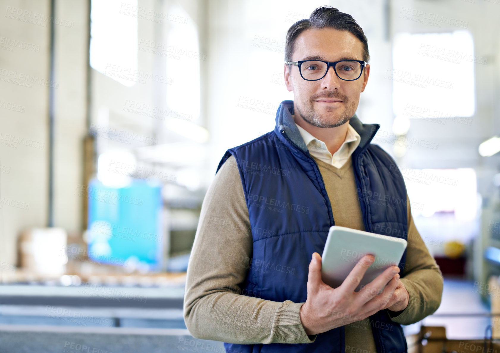 Buy stock photo Tablet, manager and portrait of man in factory for manufacturing, networking and inventory. Distribution, industrial and technology with male employee in warehouse for inspection, export and storage