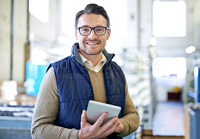 Buy stock photo Tablet, smile and portrait of man in factory for manufacturing, networking and inventory. Distribution, industrial and technology with male employee in warehouse for inspection, export and storage