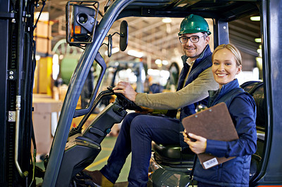 Buy stock photo Portrait, warehouse and workers with forklift working on site, loading on dock with Industrial moving vehicle. Teamwork, together or woman with clipboard for shipping inventory, hardhat for safety