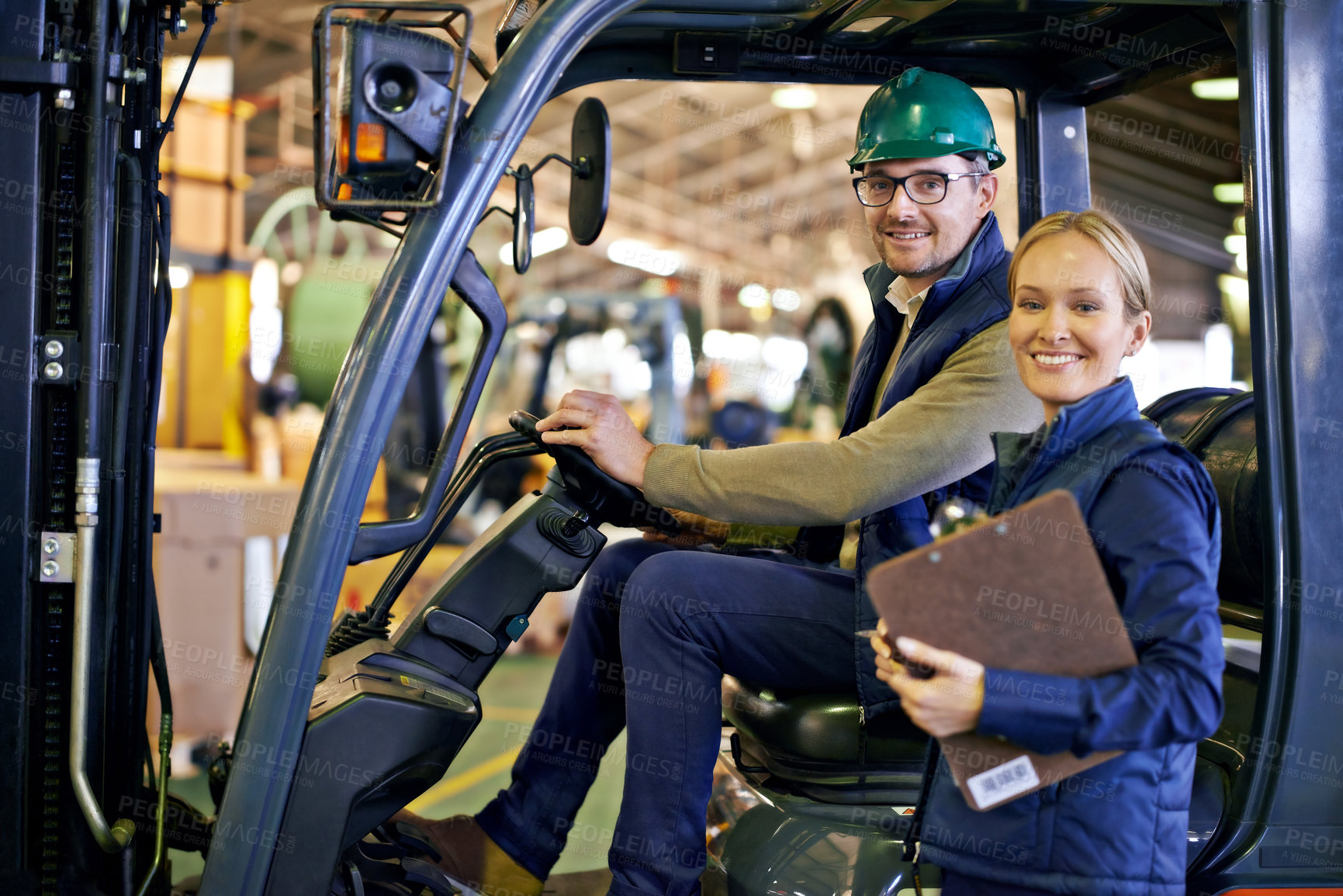 Buy stock photo Portrait, warehouse and workers with forklift working on site, loading on dock with Industrial moving vehicle. Teamwork, together or woman with clipboard for shipping inventory, hardhat for safety