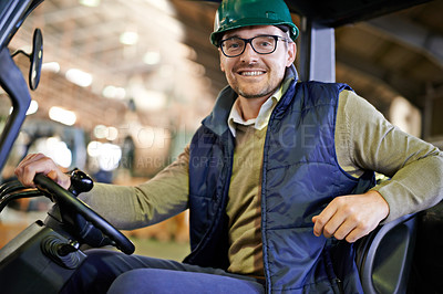 Buy stock photo Man, portrait and forklift in factory or logistics distribution for supply chain warehouse, import or delivery. Male person, face and hardhat for supplier manufacturing or courier, storage or driving