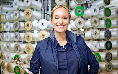 Buy stock photo Woman, stock and product manufacturing with distribution, industry and portrait for storage. Industrial inspector, factory and logistics for freight, commercial warehouse or equipment supplier career