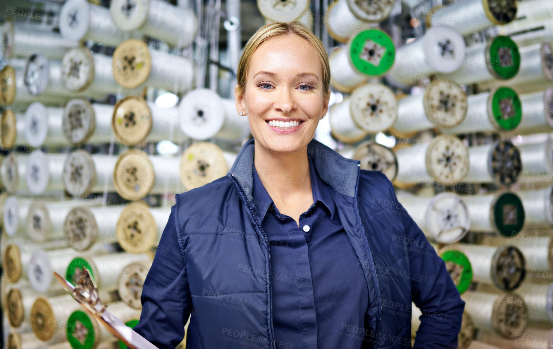 Buy stock photo Woman, stock and product manufacturing with distribution, industry and portrait for storage. Industrial inspector, factory and logistics for freight, commercial warehouse or equipment supplier career