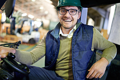 Buy stock photo Man, portrait and forklift in warehouse fr logistics distribution for supply chain factory, import or delivery. Male person, face and hardhat for supplier manufacturing or courier, storage or driving
