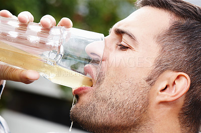 Buy stock photo Person, drinking and healthy probiotic juice for natural, organic and refreshing liquid for energy. Vegan, man and glass of kombucha beverage for health, wellness and nutrition for digestion