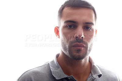 Buy stock photo Portrait, confident and man, beauty and studio with serious facial expression for natural beard. Confused, masculine and male model with care fashion for stylish clothing on isolated white background