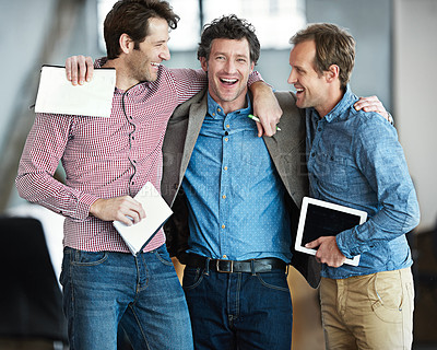 Buy stock photo Support, teamwork or happy business people hug for motivation for mission, collaboration or goals. Team building, group or excited startup developers laughing with smile, pride or solidarity together