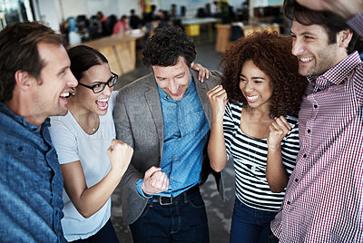 Buy stock photo Teamwork, success or excited business people in celebration of sales goals, winning victory or target. Winner, motivation or happy employees celebrating deal or achievement together in office 