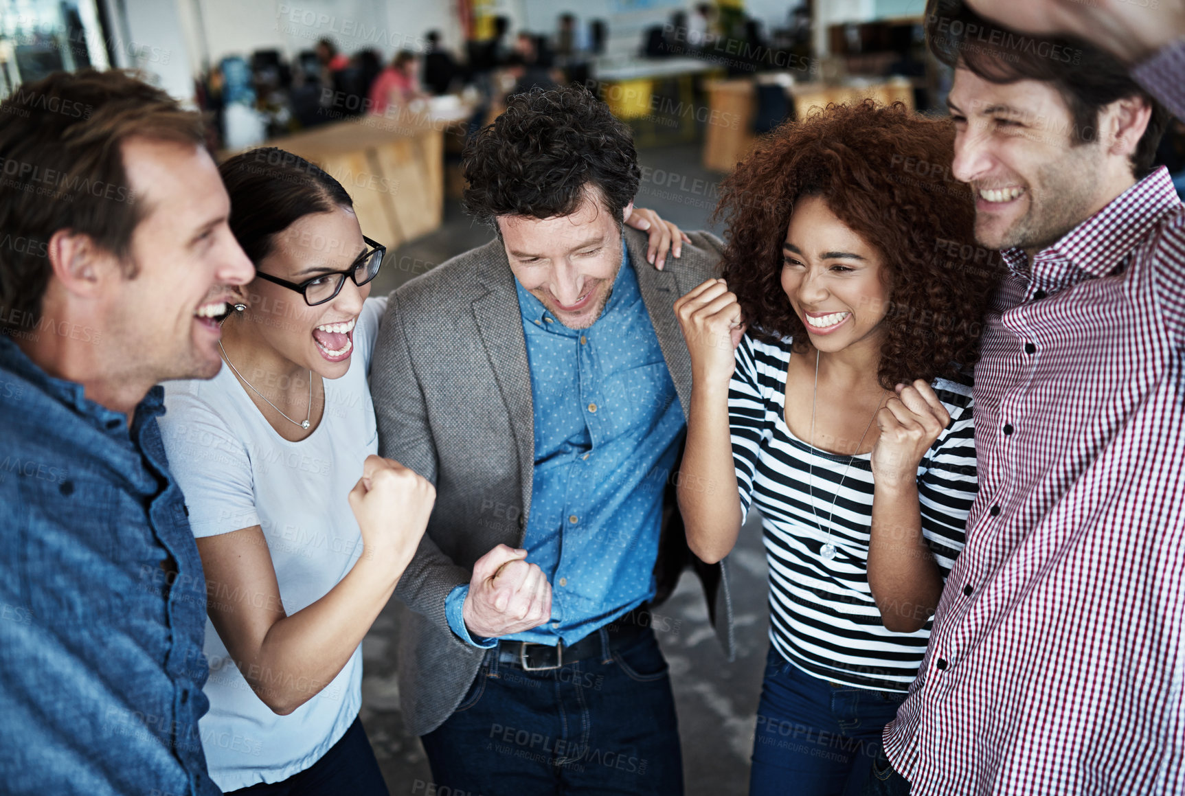 Buy stock photo Teamwork, success or excited business people in celebration of sales goals, winning victory or target. Winner, motivation or happy employees celebrating deal or achievement together in office 