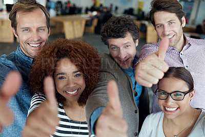 Buy stock photo Portrait, thumbs up or business people smile in agreement, support or collaboration together in office. Startup community team, happy or group of employees with thumb up, yes or like hand gesture