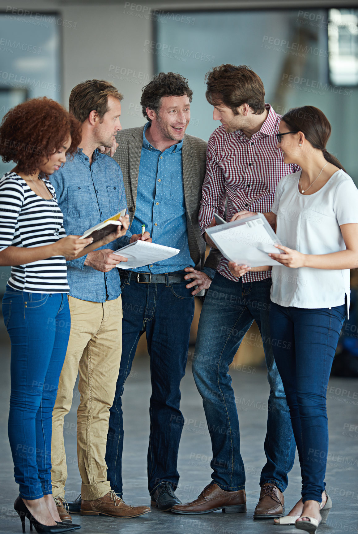 Buy stock photo Team planning, talking or business people with ideas in meeting for brainstorming together in office. Diversity, digital or IT employees networking with technology, notes or documents in workplace 