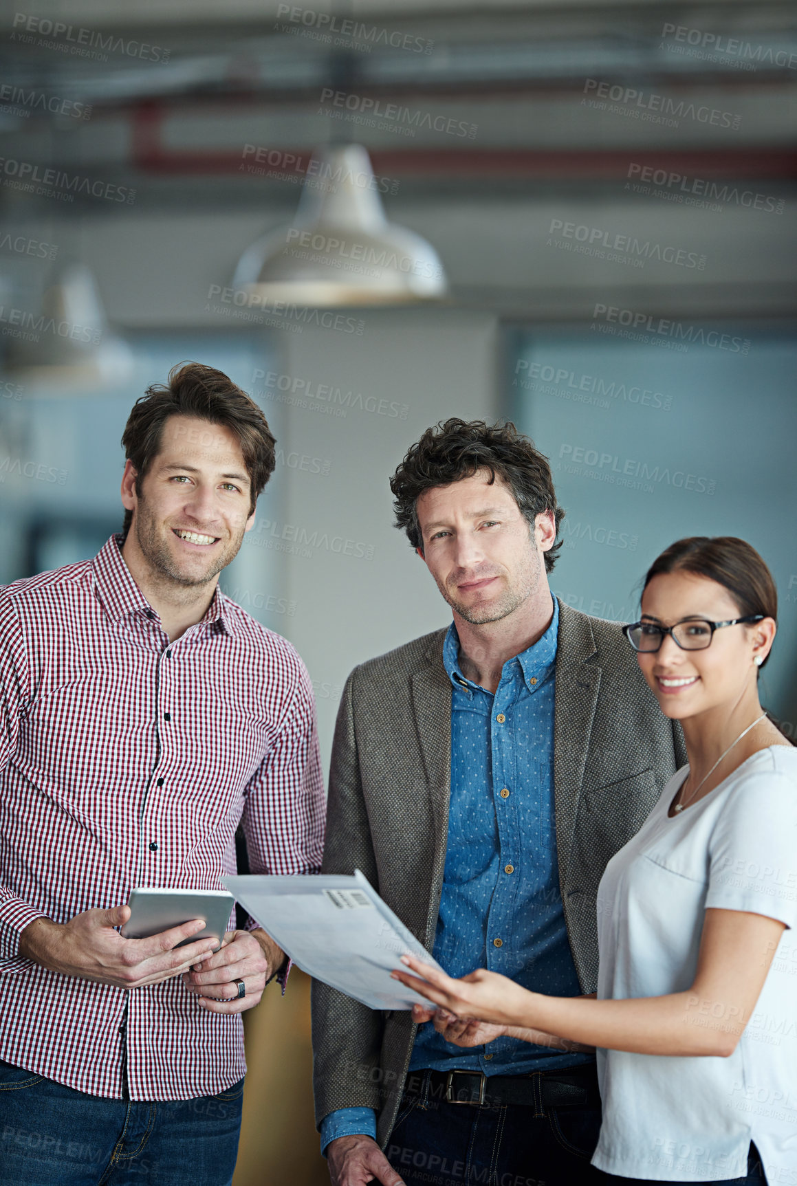 Buy stock photo Team planning, portrait or business people with smile in meeting for brainstorming together in office. Diversity, digital or happy employees smiling with technology, notes or documents in workplace 