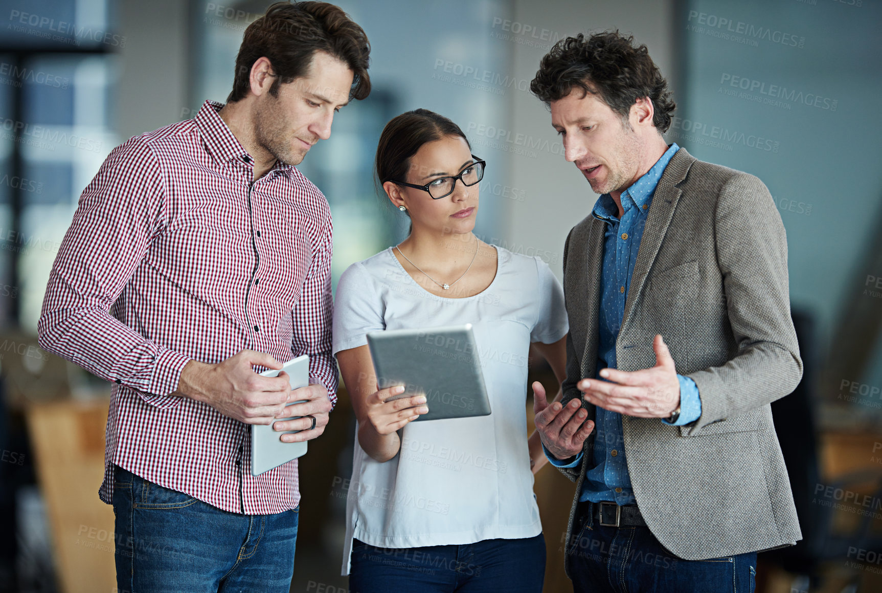 Buy stock photo Team discussion, tablet or business people with research in group meeting for talking together in office. Diversity, collaboration or employees speaking of technology or digital network in workplace