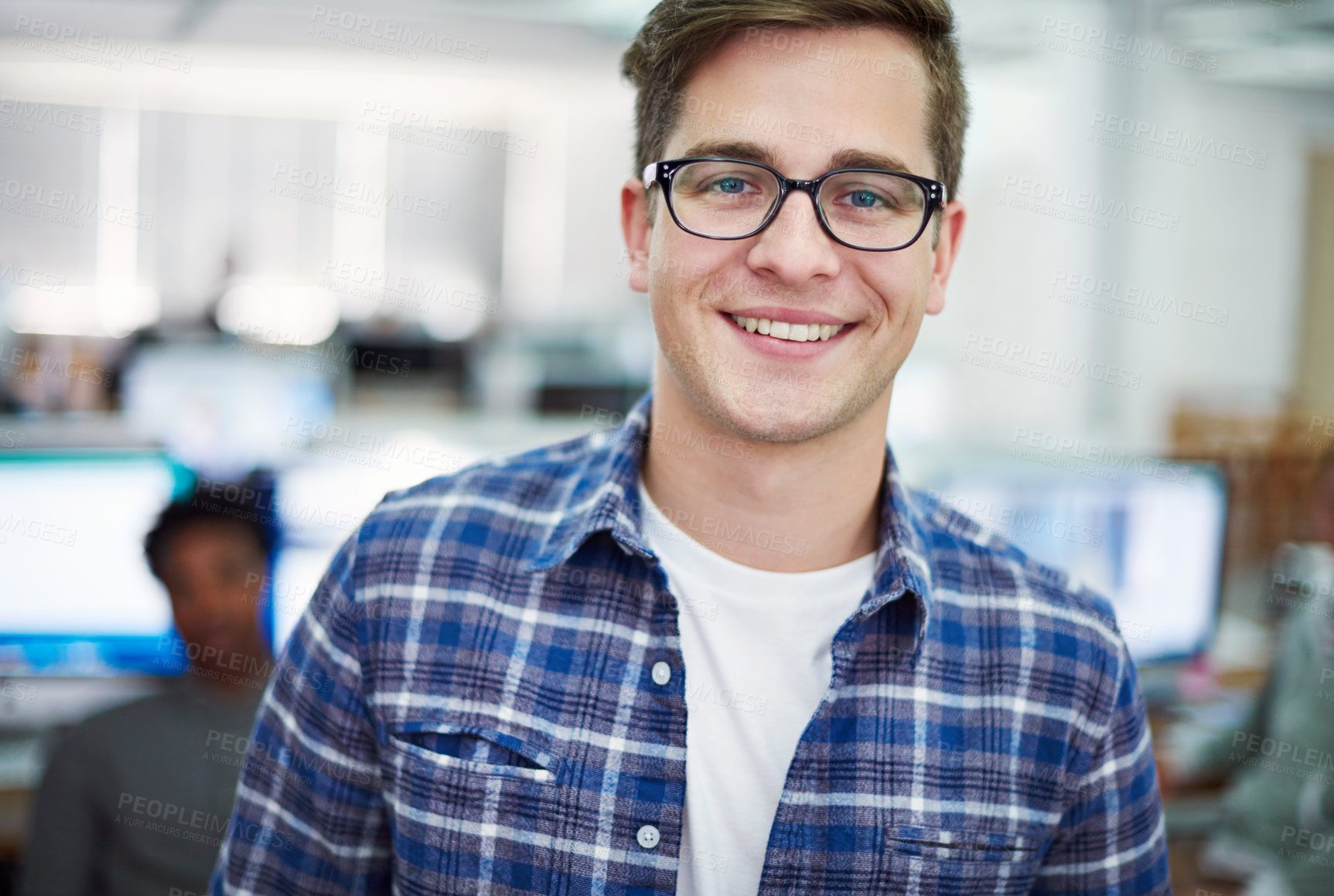 Buy stock photo Glasses, smile and portrait of man in office for information technology, career and pride. Happy, programmer and face with confidence at work for software, cybersecurity and network programming