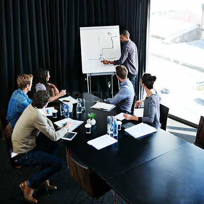 Buy stock photo Shot of a young man giving a presentation on a whiteboard to colleagues sitting around a table in a boardroom