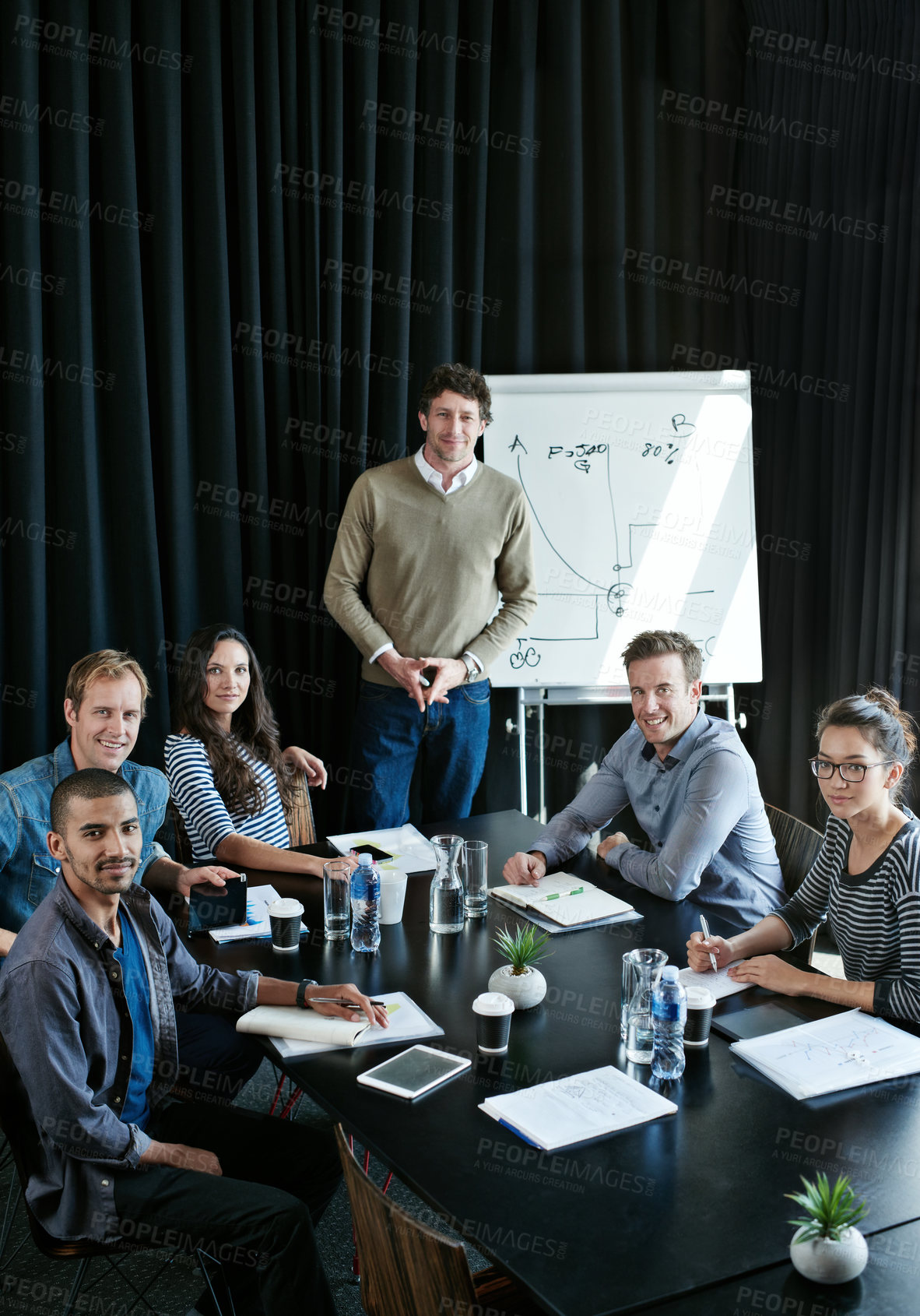 Buy stock photo Portrait, team and happy business people in presentation meeting for coworking, about us or collaboration in startup. Face, group and creative workers together writing notes with manager or analyst