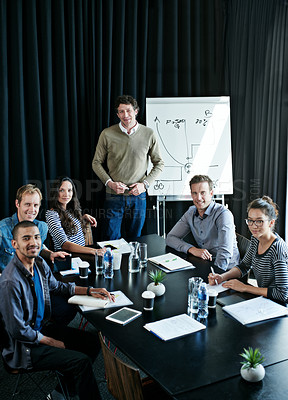 Buy stock photo Portrait of a diverse group of professionals in a presentation in a boardroom