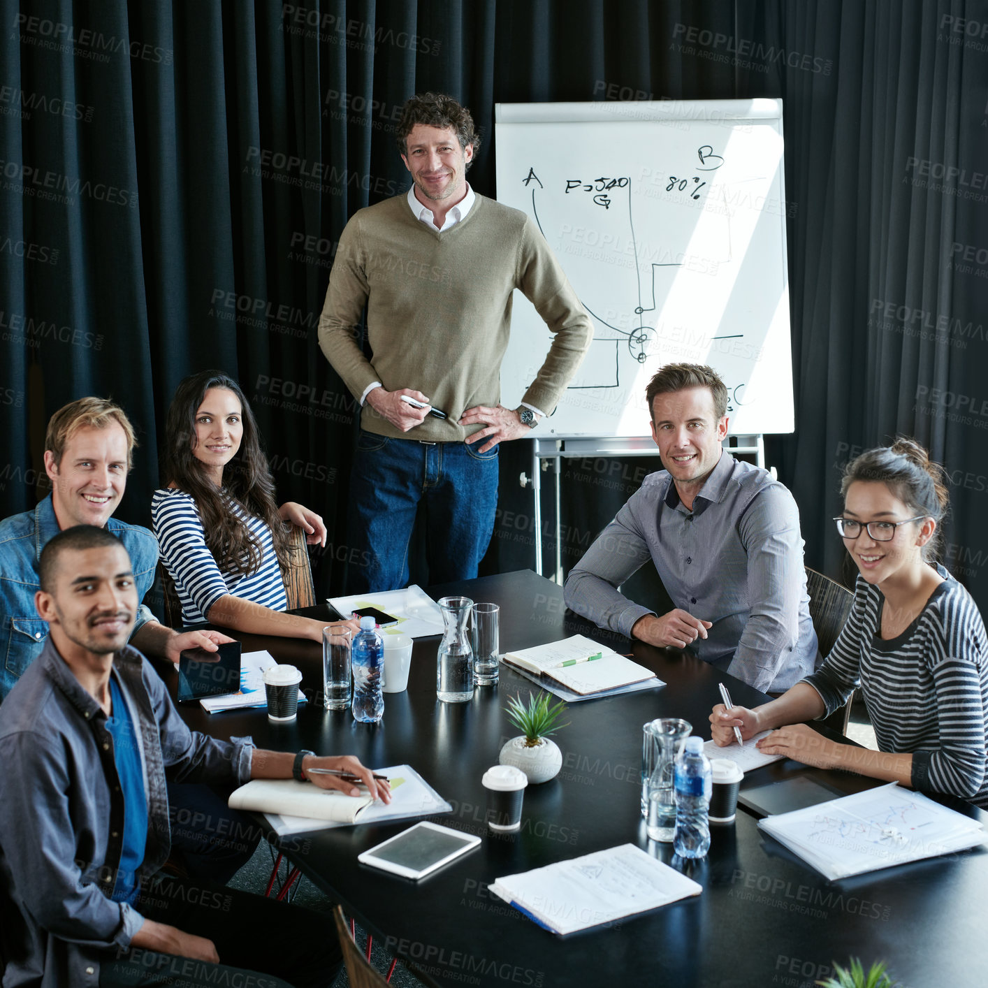 Buy stock photo Portrait, group and happy business people in meeting for coworking, about us or collaboration in startup presentation. Face, team and creative workers together writing notes with financial advisor