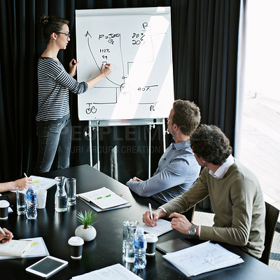 Buy stock photo Shot of a young woman giving a presentation on a whiteboard to colleagues sitting around a table in a boardroom