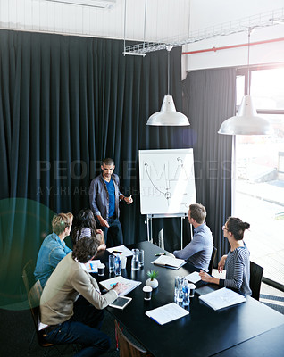 Buy stock photo Man, presentation and employee in office for meeting, business planning and white board demonstration. Presenter, company and goals or idea with strategy, collaboration with professional for project