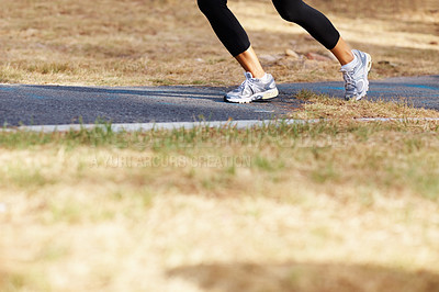 Buy stock photo Running, park and shoes of woman in nature for fitness, speed and cardio challenge. Wellness, sports and workout with female runner training in outdoor path for exercise, fast and performance