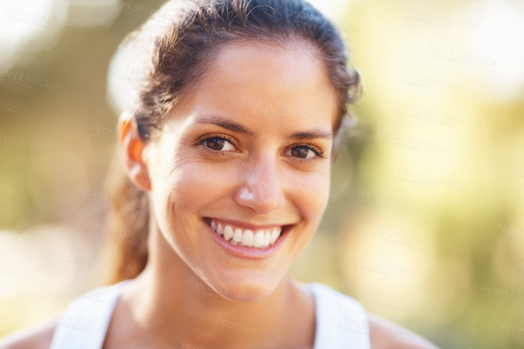 Buy stock photo Travel, freedom and portrait of happy woman in park for adventure, trip or summer journey with bokeh or blurred background. Nature, face and person in forest with positive mindset, energy or attitude