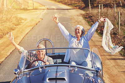 Buy stock photo Elderly couple, outdoor and travel in car for road trip, adventure or explore on journey for holiday or retirement. Woman, man and excited with arms up for freedom, joy or smile on vacation on mockup