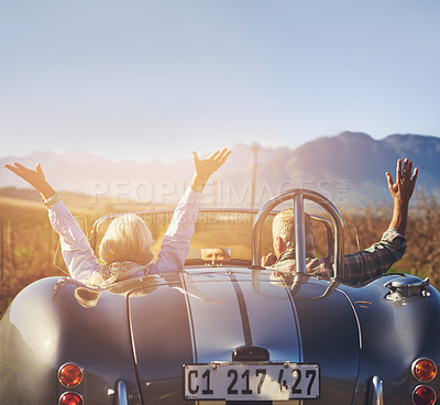 Buy stock photo Convertible, car and driving with freedom on road trip with couple on highway in countryside. Holiday, journey and travel in summer in luxury vehicle or transport on vacation adventure with happiness