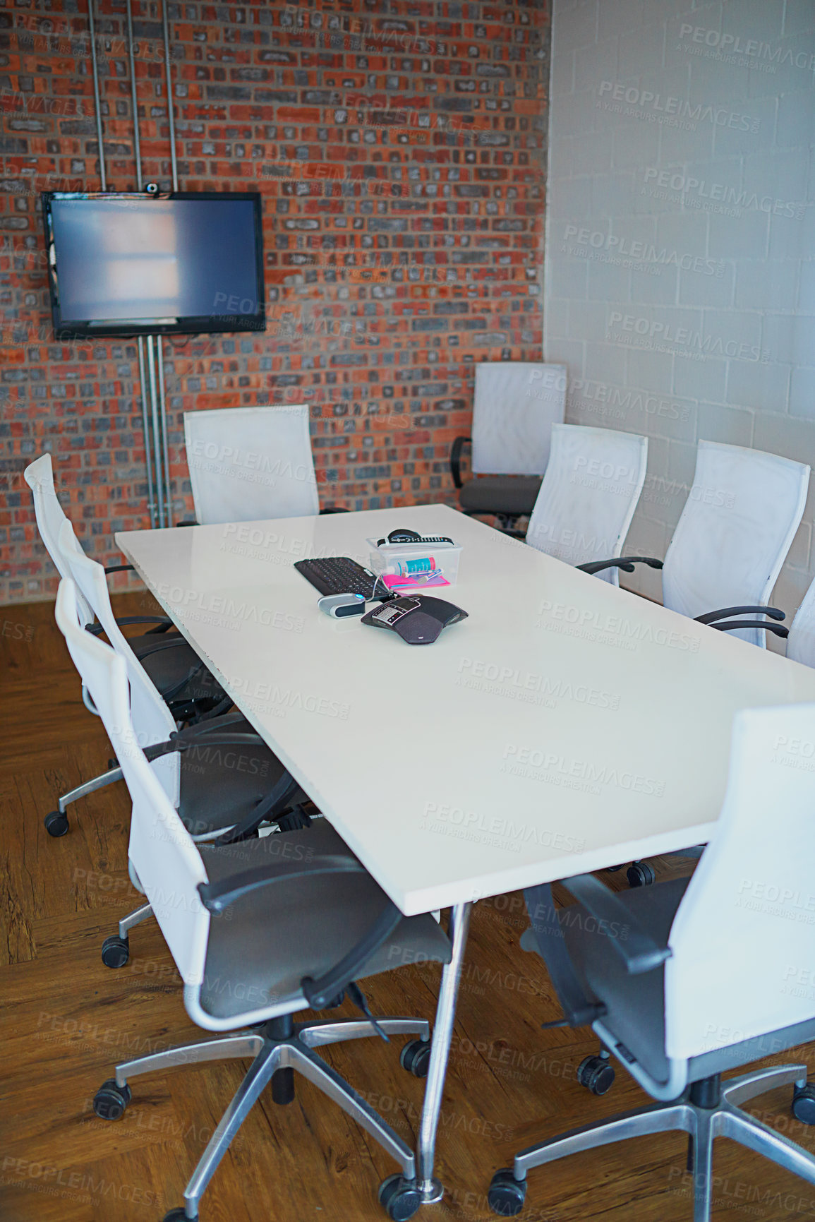 Buy stock photo Empty room, meeting and corporate with boardroom in office space for conference, planning and presentation. Company, convention and briefing with furniture and interior for business and lecture