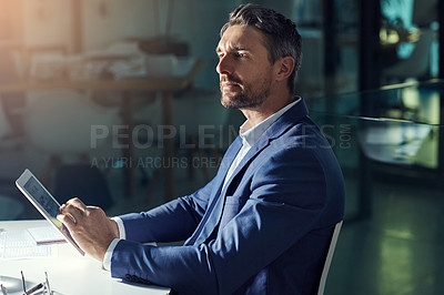 Buy stock photo Businessman, night or accountant with tablet for thinking of news and budget planning in office. Research, late or financial advisor on touchscreen technology for online ideas, report or accounting