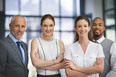 Buy stock photo Portrait, smile and team of business people together for collaboration, solidarity or office in startup. Face, happy group or confident staff with arms crossed for cooperation of diverse consultant