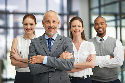 Buy stock photo Portrait, smile and team leader of confident business people together for collaboration, solidarity or about us in office. Face, group and ceo with arms crossed for cooperation of diverse consultant
