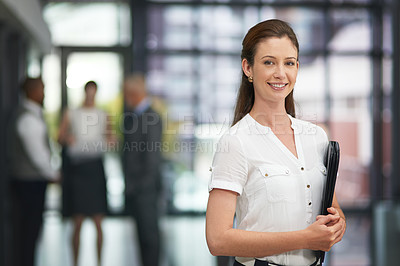 Buy stock photo Portrait, smile and business with woman, folder and PR consultant with corporate professional. Assistant, administrator and employee with file and worker with documents, startup and modern office