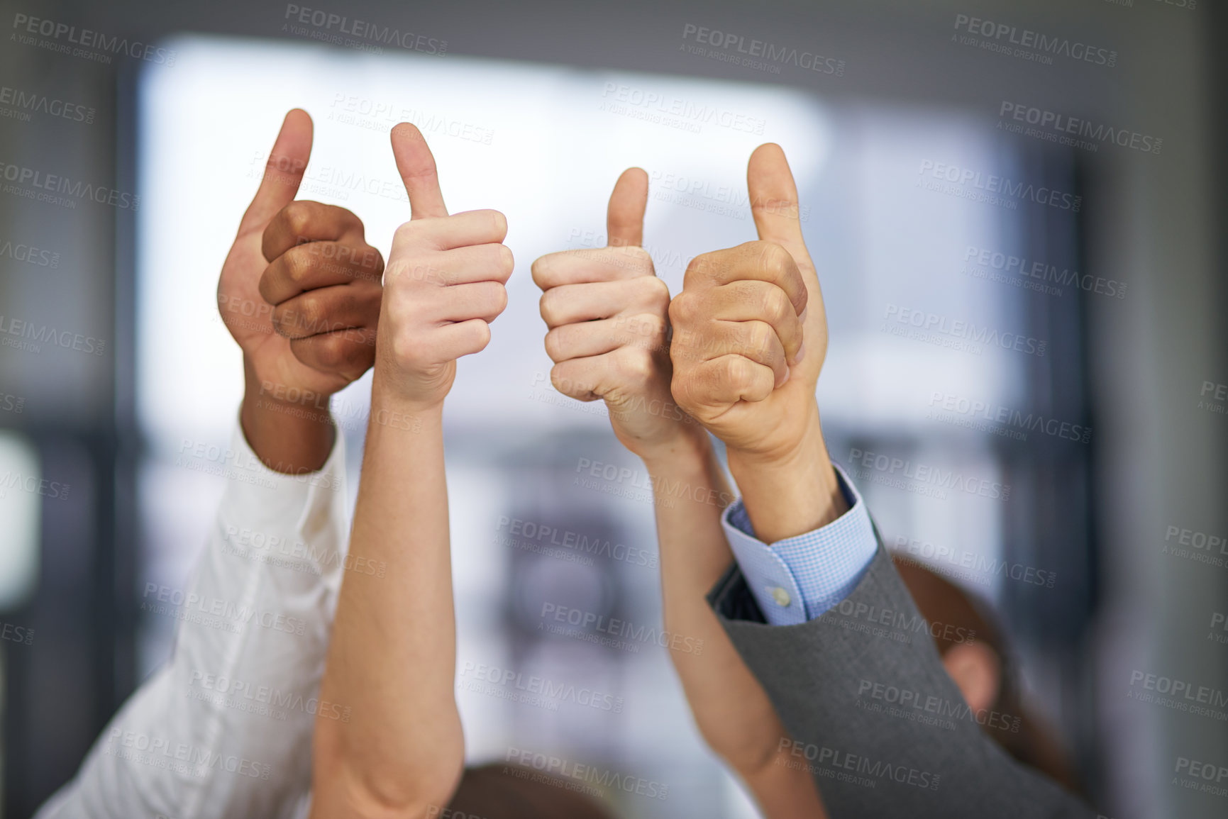 Buy stock photo Business people, hand and thumbs up for teamwork agreement or collaboration, deal or corporate. Fingers, gesture and yes approval for career opportunity for winning staff, solidarity or good news