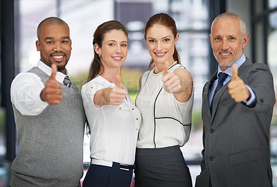 Buy stock photo Business people, portrait and thumbs up for company agreement with collaboration, deal or corporate. Men, women and hand approval for invest opportunity or winning promotion, solidarity or good news