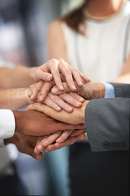 Buy stock photo Business people, hands and stack for teamwork support with b2b collaboration, merger or partnership. Fingers, pile and community agreement in union for employee solidarity in goal, corporate or staff