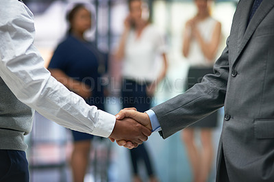 Buy stock photo Handshake, deal and business men in office for partnership, collaboration or b2b agreement. Welcome, greeting and hr shaking hands with candidate for onboarding, hiring or recruitment in workplace.