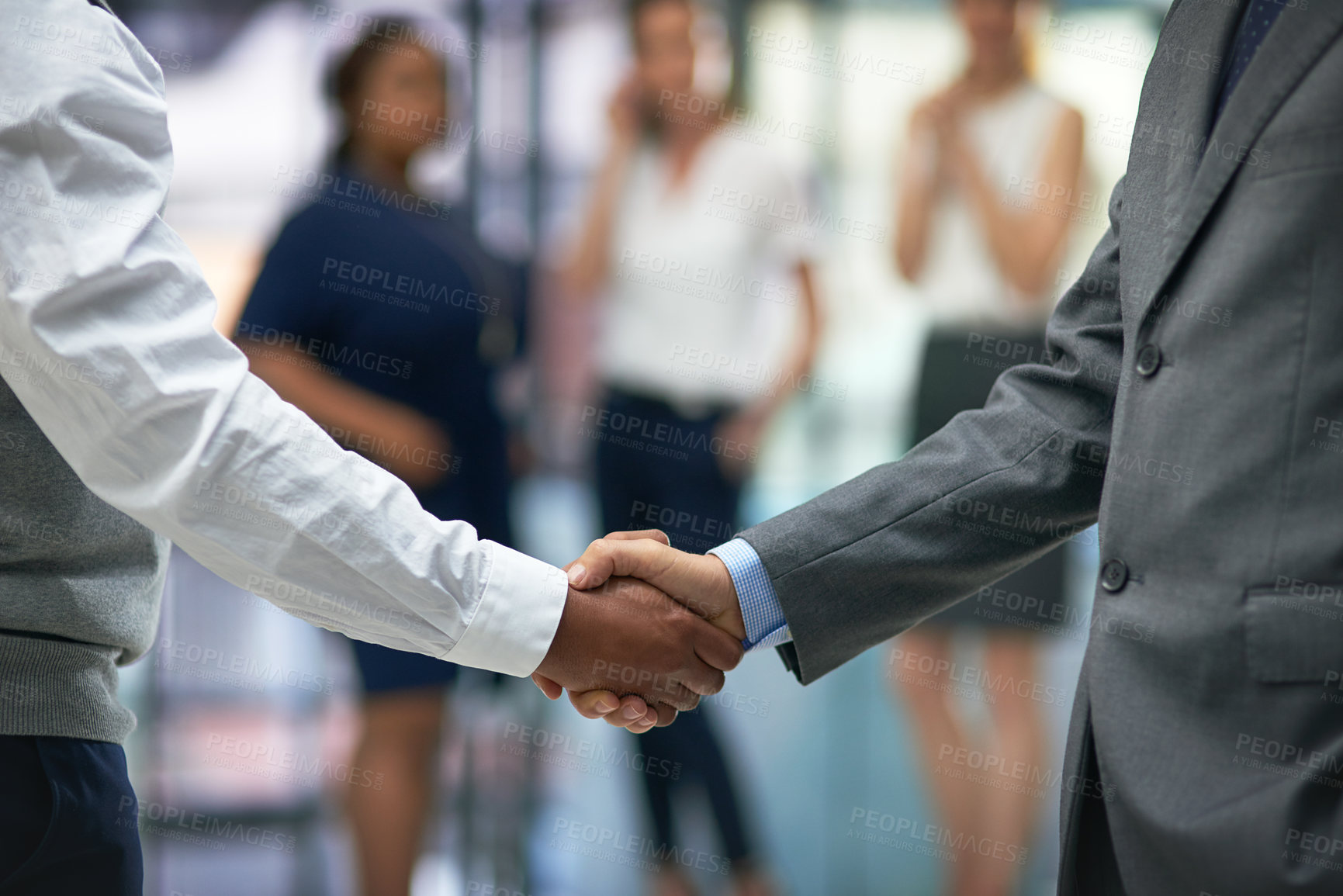 Buy stock photo Handshake, deal and business men in office for partnership, collaboration or b2b agreement. Welcome, greeting and hr shaking hands with candidate for onboarding, hiring or recruitment in workplace.