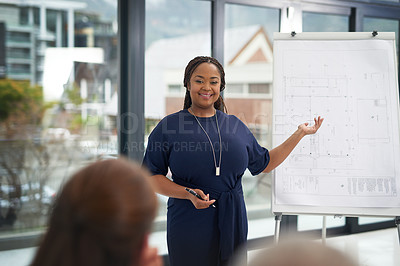 Buy stock photo Architecture, woman and blueprint in presentation with discussion, training or meeting on building project. Black person, developer or happy with floor plan or strategy for house remodeling in office