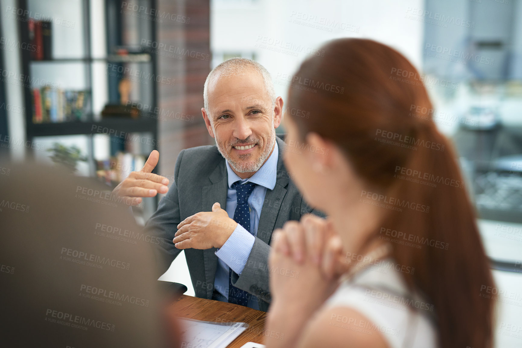Buy stock photo CEO, teamwork or business people in meeting, discussion, conversation in workplace or office. Advisor, talking, happy mature manager planning a strategy, development project or financial investment