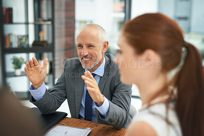 Buy stock photo Mature boss, teamwork or business people in meeting, discussion, conversation in workplace. Portfolio paperwork, happy or manager planning a strategy, development project or information in office