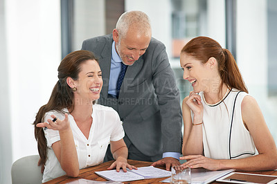 Buy stock photo Paperwork, teamwork or business people laughing in meeting for accounting, notes or discussion. Finance, collaboration and funny accountants speaking of portfolio or planning with audit documents